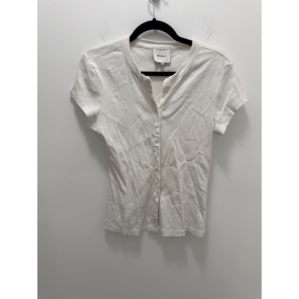 Reformation Ribbed Short Sleeve Button Down Henley Top White XL